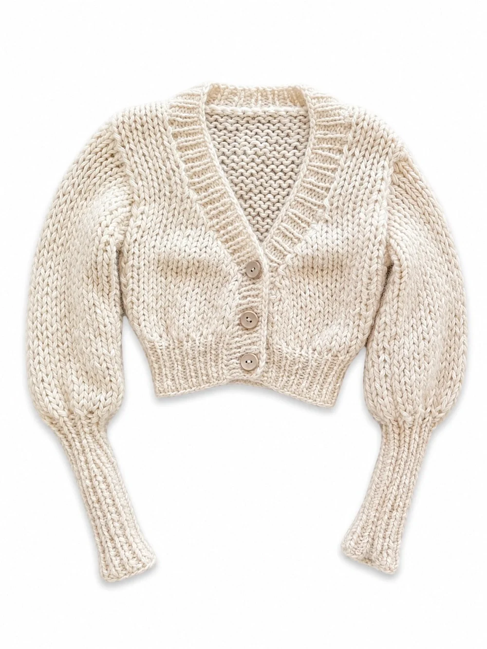 Hand Knit Cropped Cream Chunky V-Neck Button Cardigan